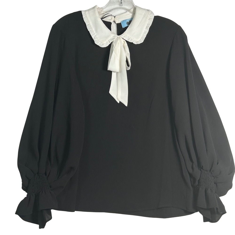 CeCe‎ Black Long Sleeve Ruffled Peter Pan Collar Bow Tie Blouse Women's Medium